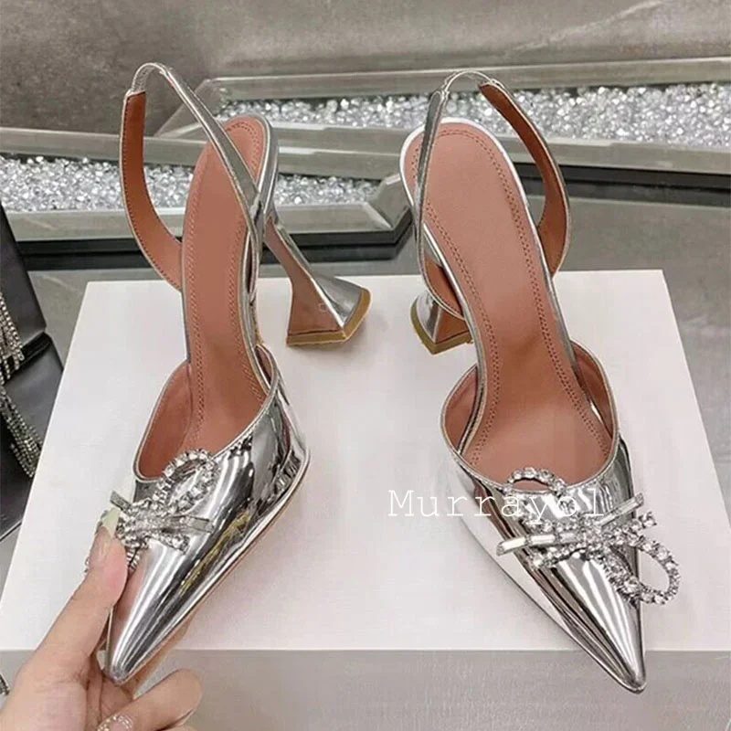 Pointed Toe Satin Silk High Heels Sandals Women Shiny Crystal Cup Heels Back Strap Sandalias Summer Fashion Party Banquet Shoes