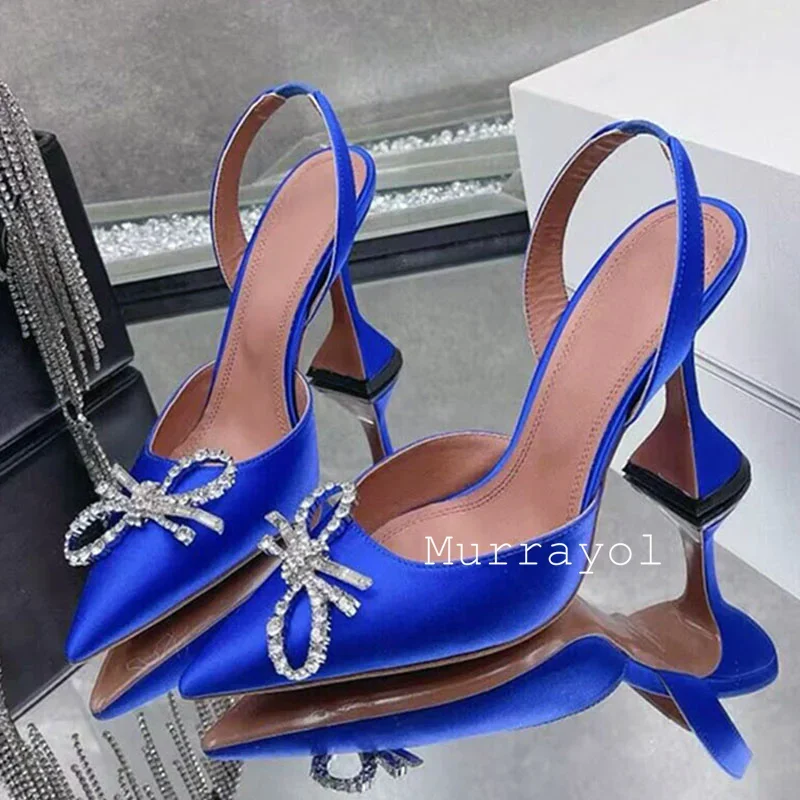 Pointed Toe Satin Silk High Heels Sandals Women Shiny Crystal Cup Heels Back Strap Sandalias Summer Fashion Party Banquet Shoes