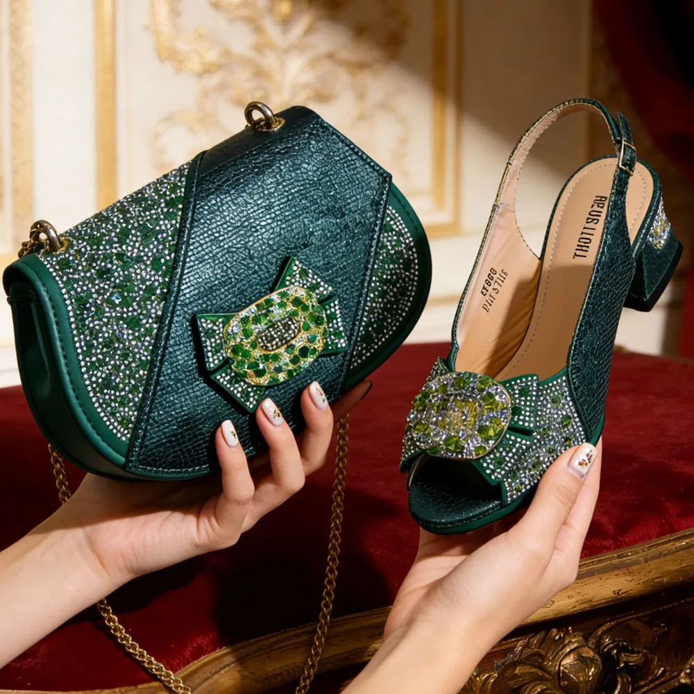 Venus Chan 2026 INS Green Elegant Women's High Heel Shoes and Rhinestone-Embellished Bag Set - Perfect for Any Occasion