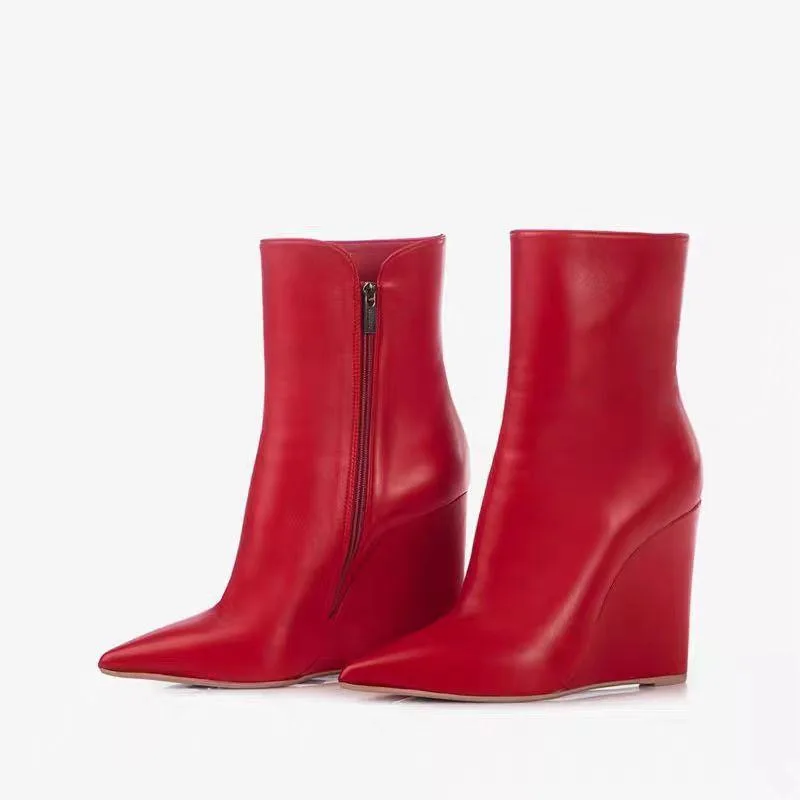New Autumn/Winter Women's Black/Red Wedge Ankle Boots High Heel Pointed Toe Back Zipper Fashion Elegant All Match Short Boots