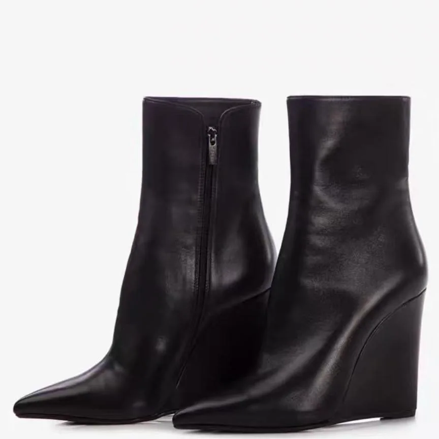 New Autumn/Winter Women's Black/Red Wedge Ankle Boots High Heel Pointed Toe Back Zipper Fashion Elegant All Match Short Boots