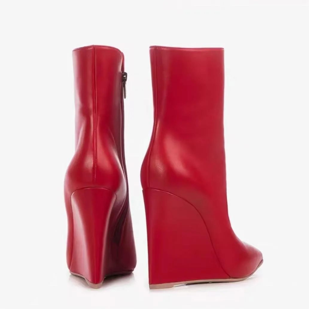 New Autumn/Winter Women's Black/Red Wedge Ankle Boots High Heel Pointed Toe Back Zipper Fashion Elegant All Match Short Boots