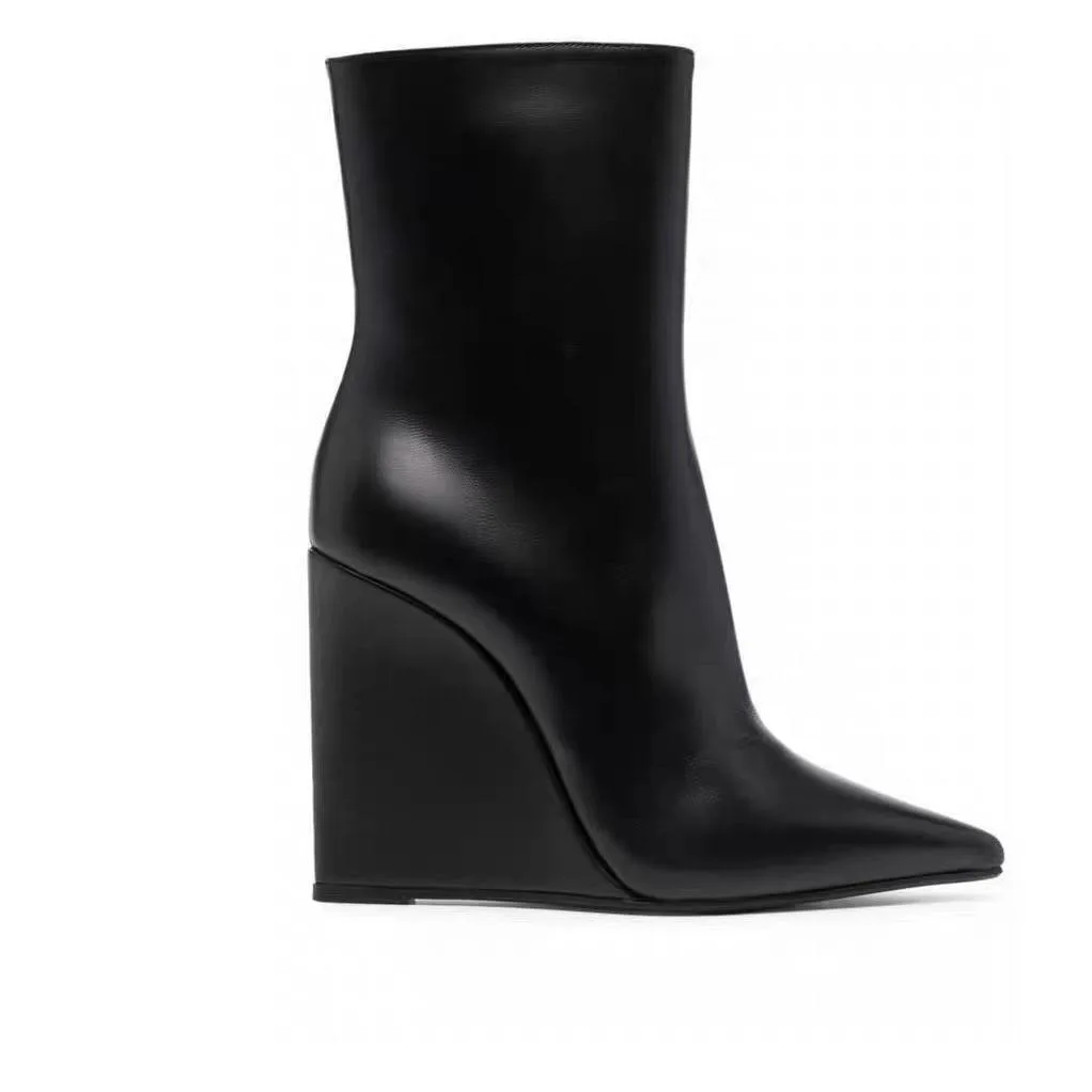 New Autumn/Winter Women's Black/Red Wedge Ankle Boots High Heel Pointed Toe Back Zipper Fashion Elegant All Match Short Boots