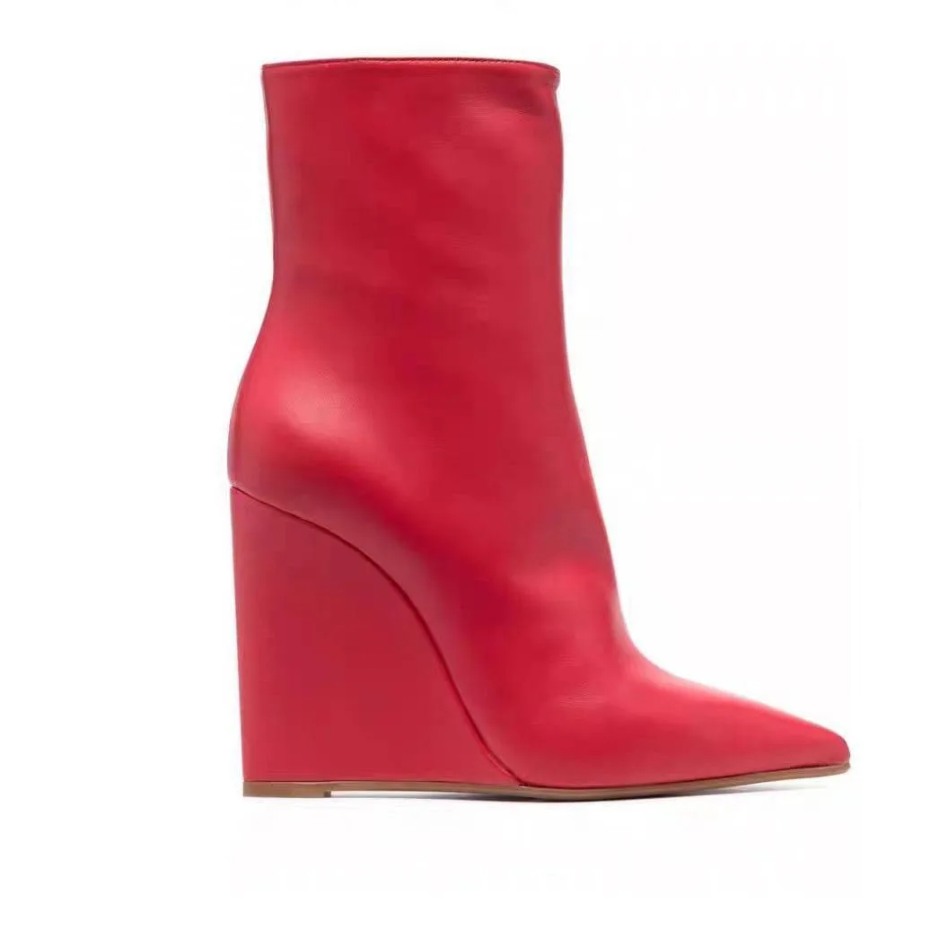 New Autumn/Winter Women's Black/Red Wedge Ankle Boots High Heel Pointed Toe Back Zipper Fashion Elegant All Match Short Boots