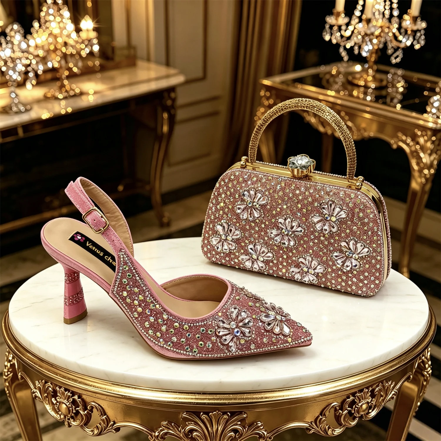 Venus Chan Gold Pointed Toe Rhinestone Heels & Bag Set, Sparkly Slingback Shoes for Women Wedding Party Evening Prom