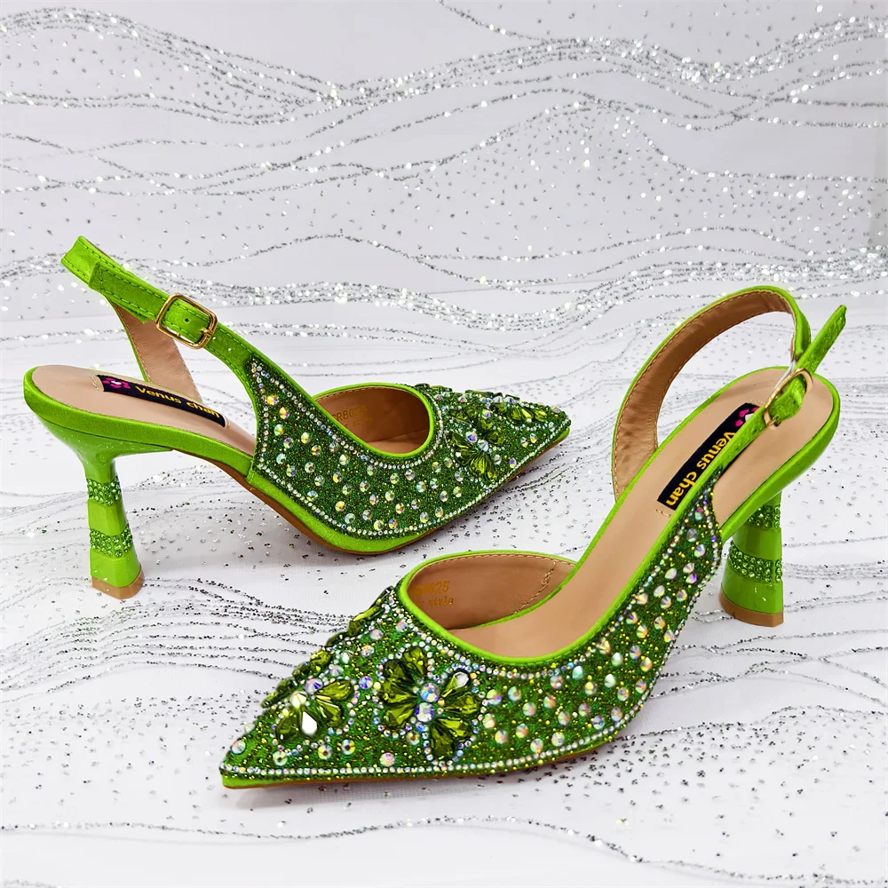 Venus Chan Gold Pointed Toe Rhinestone Heels & Bag Set, Sparkly Slingback Shoes for Women Wedding Party Evening Prom
