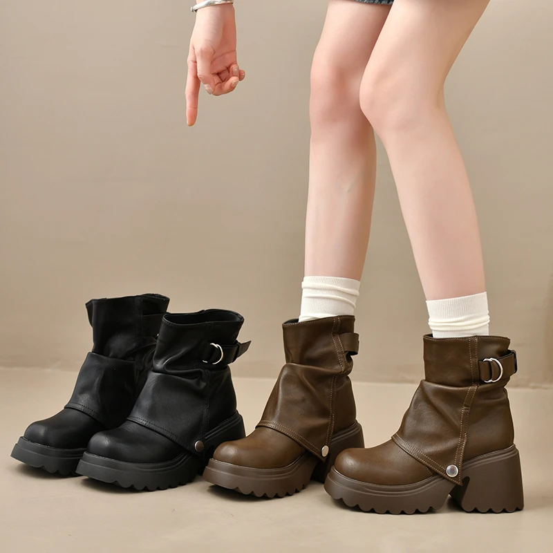 Punk Style Women Ankle Boots Buckle Strap Rivet Round Toe Platform Thick Heel Short Boots Autumn Winter Concise Botas Mujer