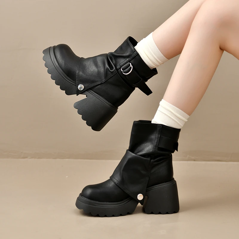 Punk Style Women Ankle Boots Buckle Strap Rivet Round Toe Platform Thick Heel Short Boots Autumn Winter Concise Botas Mujer
