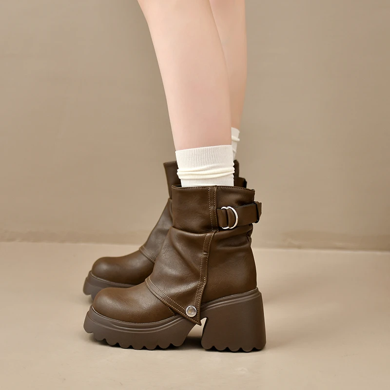 Punk Style Women Ankle Boots Buckle Strap Rivet Round Toe Platform Thick Heel Short Boots Autumn Winter Concise Botas Mujer
