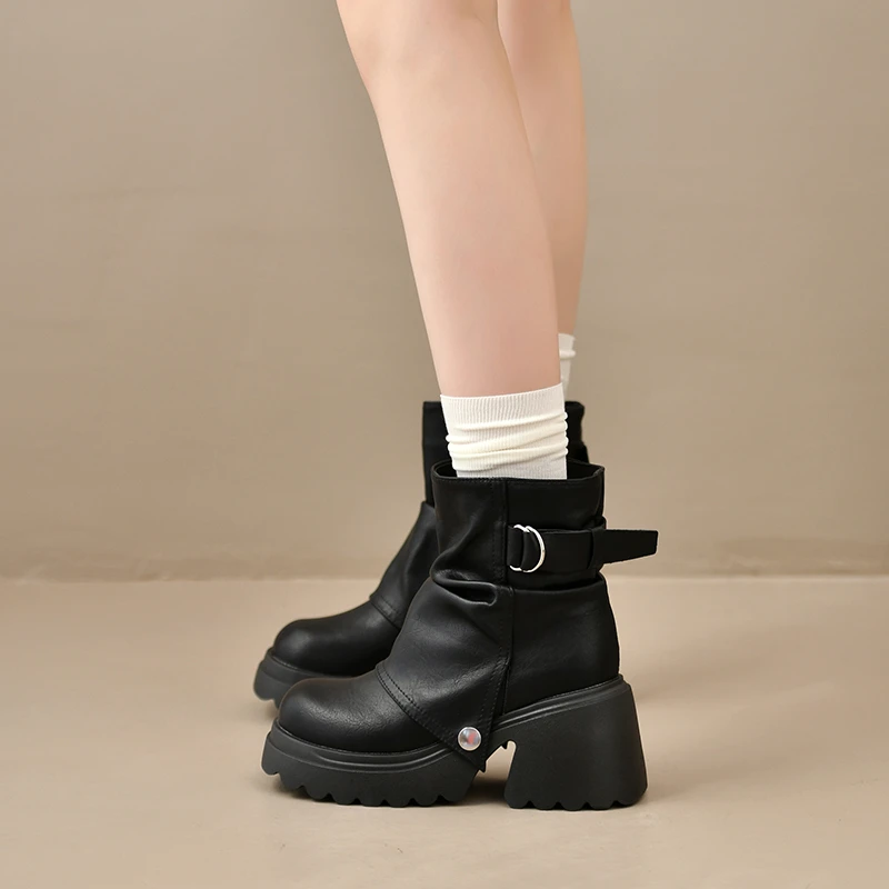 Punk Style Women Ankle Boots Buckle Strap Rivet Round Toe Platform Thick Heel Short Boots Autumn Winter Concise Botas Mujer