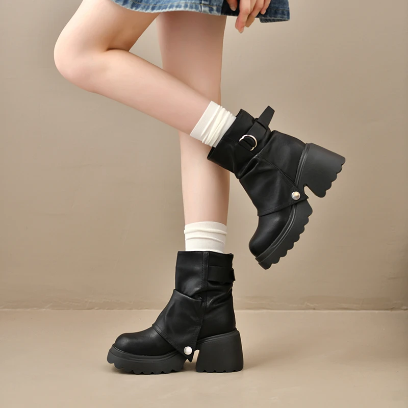 Punk Style Women Ankle Boots Buckle Strap Rivet Round Toe Platform Thick Heel Short Boots Autumn Winter Concise Botas Mujer