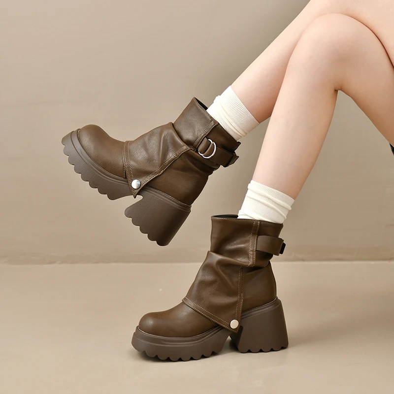 Punk Style Women Ankle Boots Buckle Strap Rivet Round Toe Platform Thick Heel Short Boots Autumn Winter Concise Botas Mujer