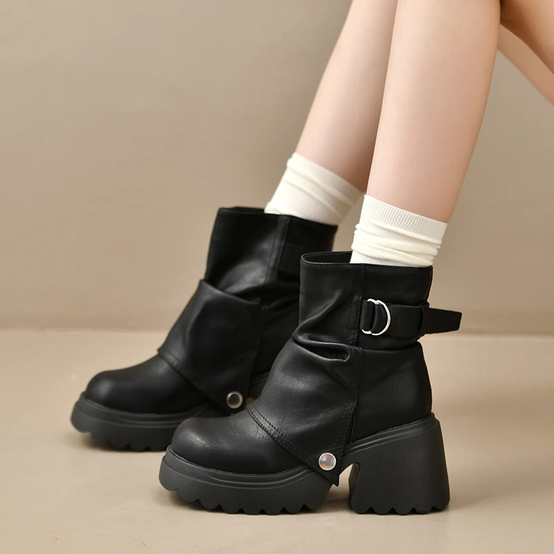 Punk Style Women Ankle Boots Buckle Strap Rivet Round Toe Platform Thick Heel Short Boots Autumn Winter Concise Botas Mujer