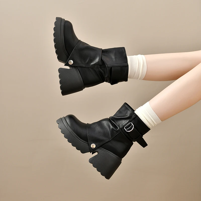 Punk Style Women Ankle Boots Buckle Strap Rivet Round Toe Platform Thick Heel Short Boots Autumn Winter Concise Botas Mujer