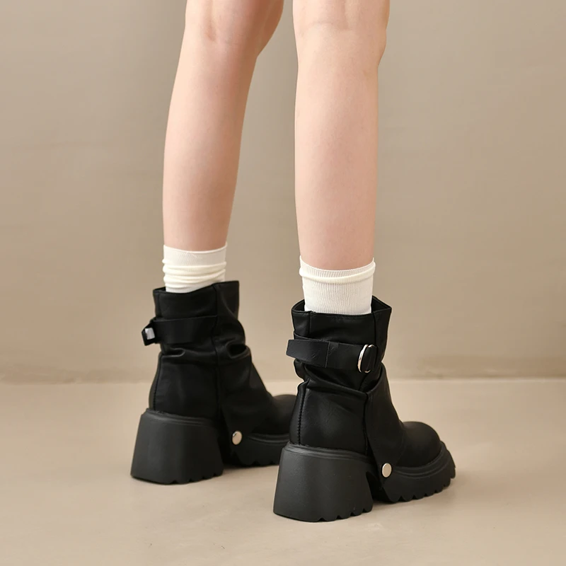 Punk Style Women Ankle Boots Buckle Strap Rivet Round Toe Platform Thick Heel Short Boots Autumn Winter Concise Botas Mujer