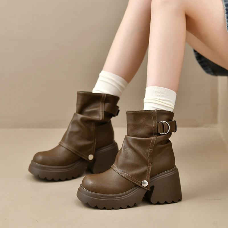 Punk Style Women Ankle Boots Buckle Strap Rivet Round Toe Platform Thick Heel Short Boots Autumn Winter Concise Botas Mujer