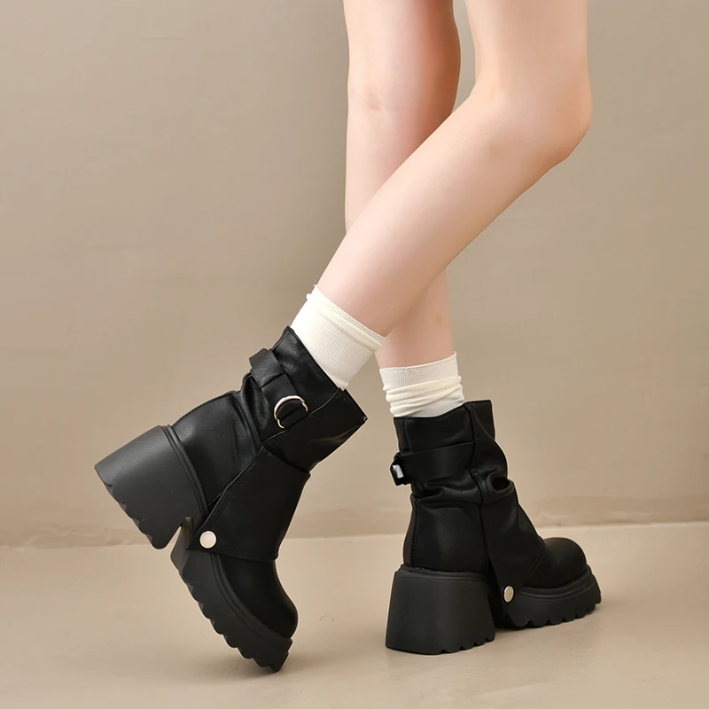 Punk Style Women Ankle Boots Buckle Strap Rivet Round Toe Platform Thick Heel Short Boots Autumn Winter Concise Botas Mujer