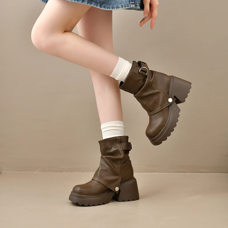 Punk Style Women Ankle Boots Buckle Strap Rivet Round Toe Platform Thick Heel Short Boots Autumn Winter Concise Botas Mujer