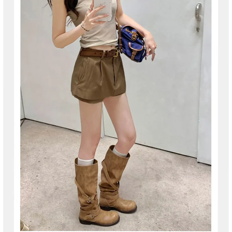 Eilyken Autumn Winter Punk Style Women Knee-High Boots Long Booties Fashion Belt Buckle Round Toe Low Heels Shoes