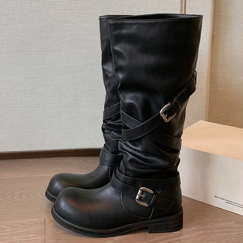 Eilyken Autumn Winter Punk Style Women Knee-High Boots Long Booties Fashion Belt Buckle Round Toe Low Heels Shoes