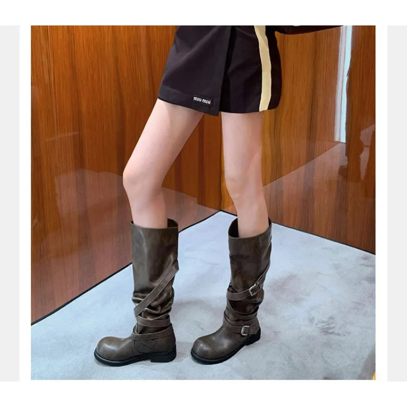 Eilyken Autumn Winter Punk Style Women Knee-High Boots Long Booties Fashion Belt Buckle Round Toe Low Heels Shoes