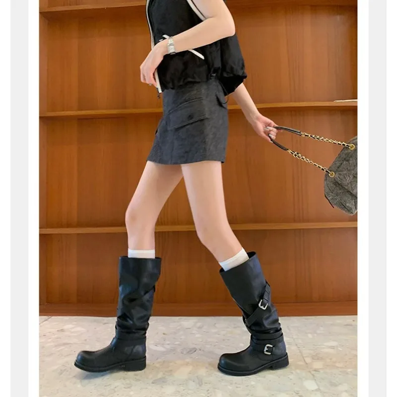 Eilyken Autumn Winter Punk Style Women Knee-High Boots Long Booties Fashion Belt Buckle Round Toe Low Heels Shoes