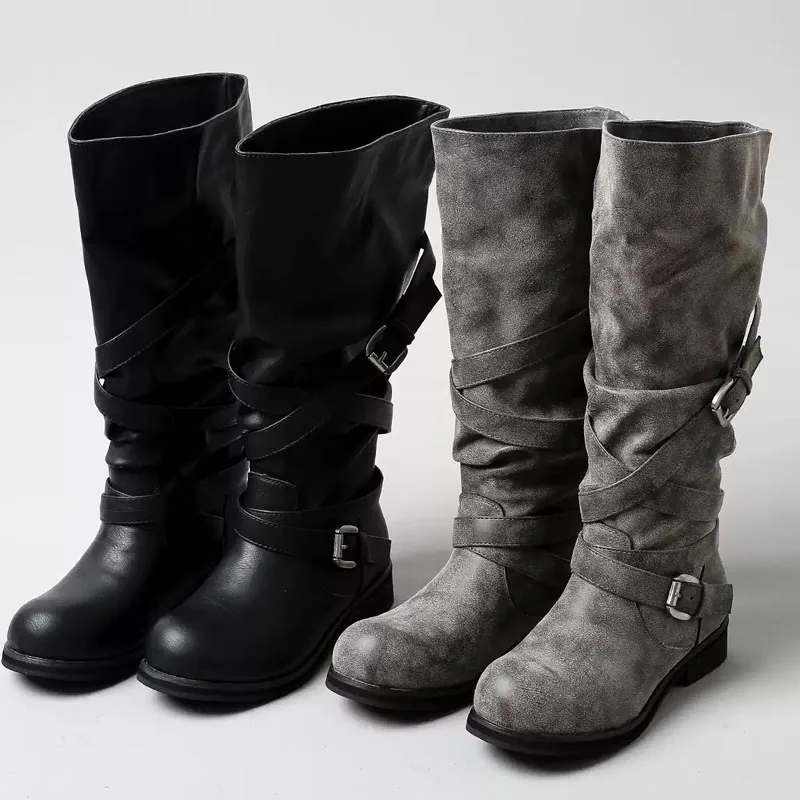 Eilyken Autumn Winter Punk Style Women Knee-High Boots Long Booties Fashion Belt Buckle Round Toe Low Heels Shoes