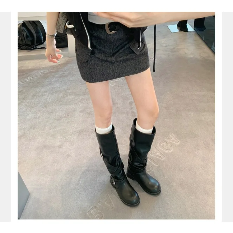 Eilyken Autumn Winter Punk Style Women Knee-High Boots Long Booties Fashion Belt Buckle Round Toe Low Heels Shoes