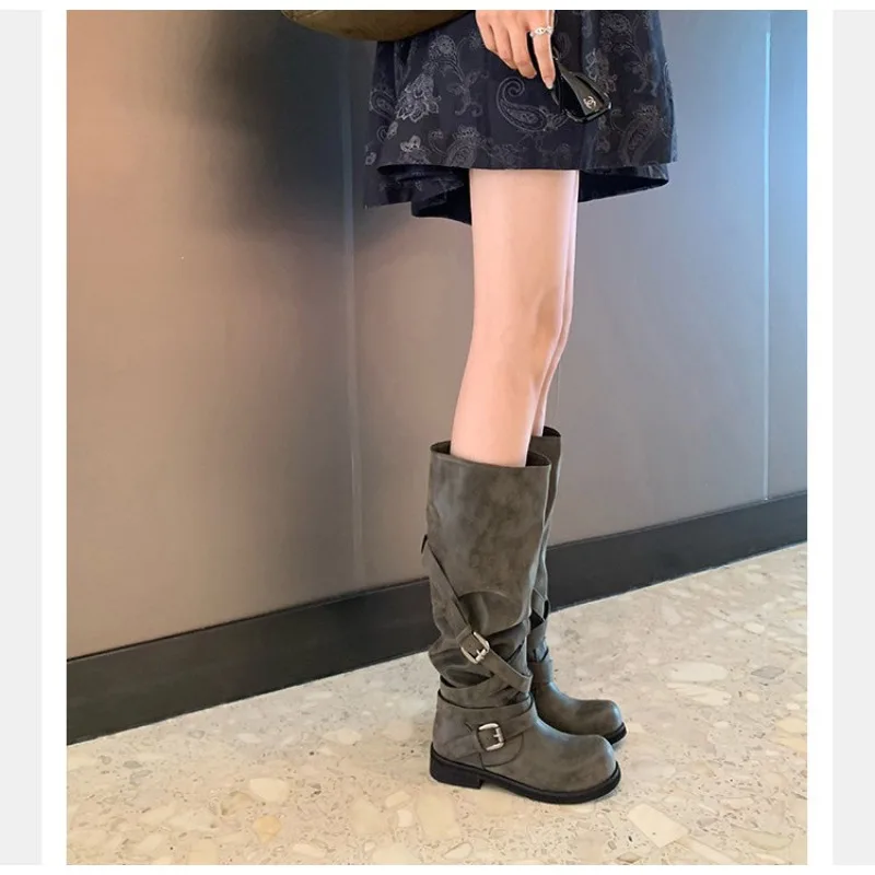 Eilyken Autumn Winter Punk Style Women Knee-High Boots Long Booties Fashion Belt Buckle Round Toe Low Heels Shoes