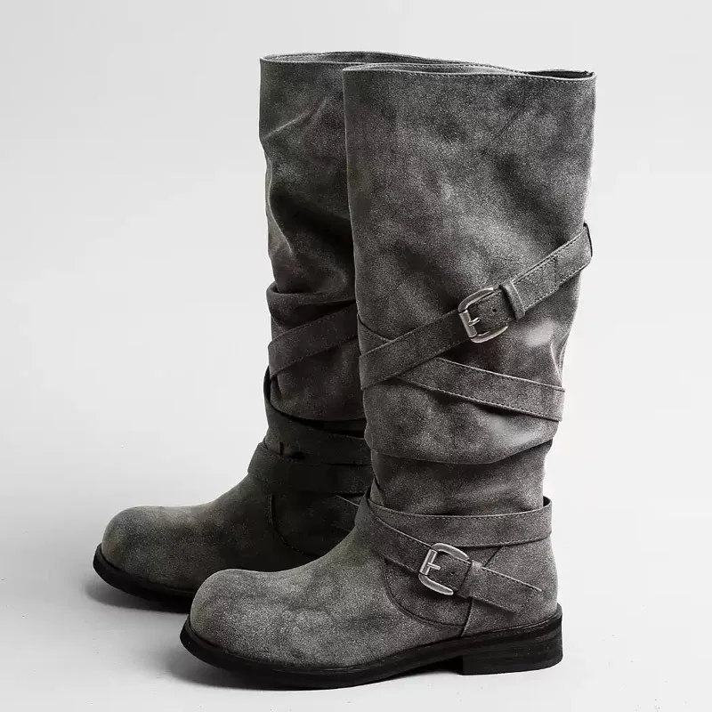 Eilyken Autumn Winter Punk Style Women Knee-High Boots Long Booties Fashion Belt Buckle Round Toe Low Heels Shoes
