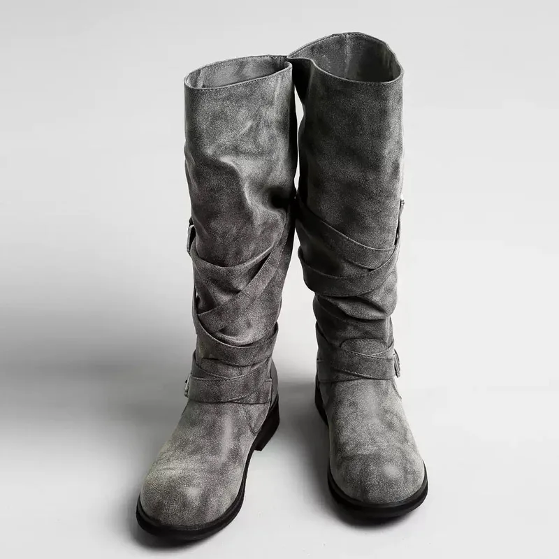 Eilyken Autumn Winter Punk Style Women Knee-High Boots Long Booties Fashion Belt Buckle Round Toe Low Heels Shoes