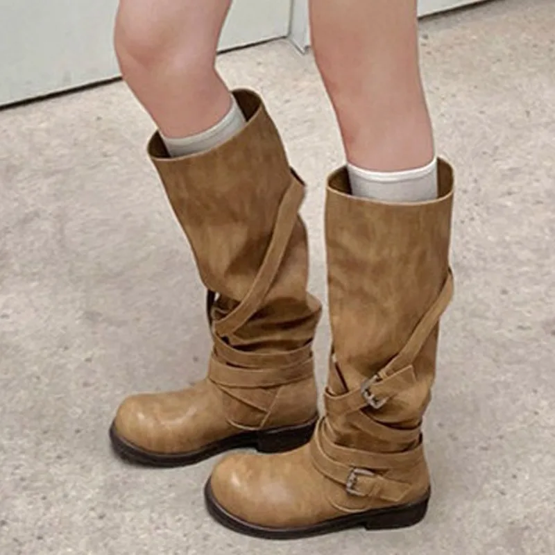 Eilyken Autumn Winter Punk Style Women Knee-High Boots Long Booties Fashion Belt Buckle Round Toe Low Heels Shoes
