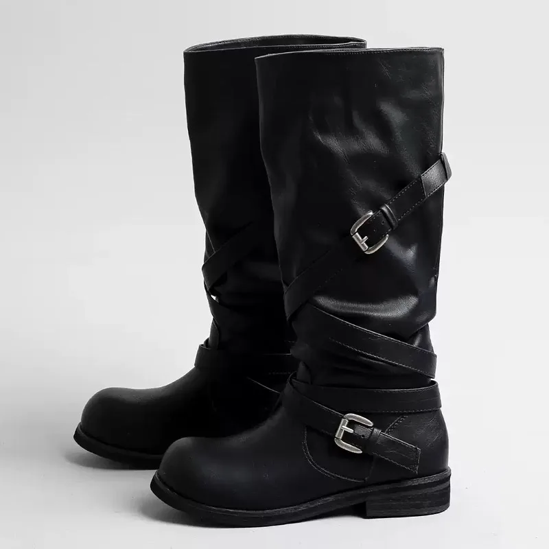 Eilyken Autumn Winter Punk Style Women Knee-High Boots Long Booties Fashion Belt Buckle Round Toe Low Heels Shoes