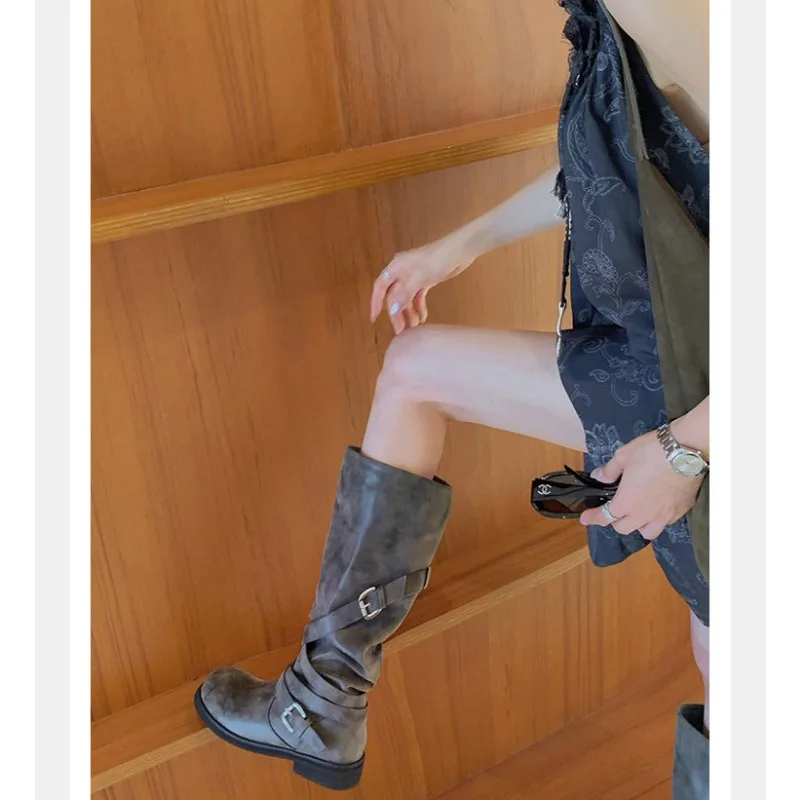 Eilyken Autumn Winter Punk Style Women Knee-High Boots Long Booties Fashion Belt Buckle Round Toe Low Heels Shoes
