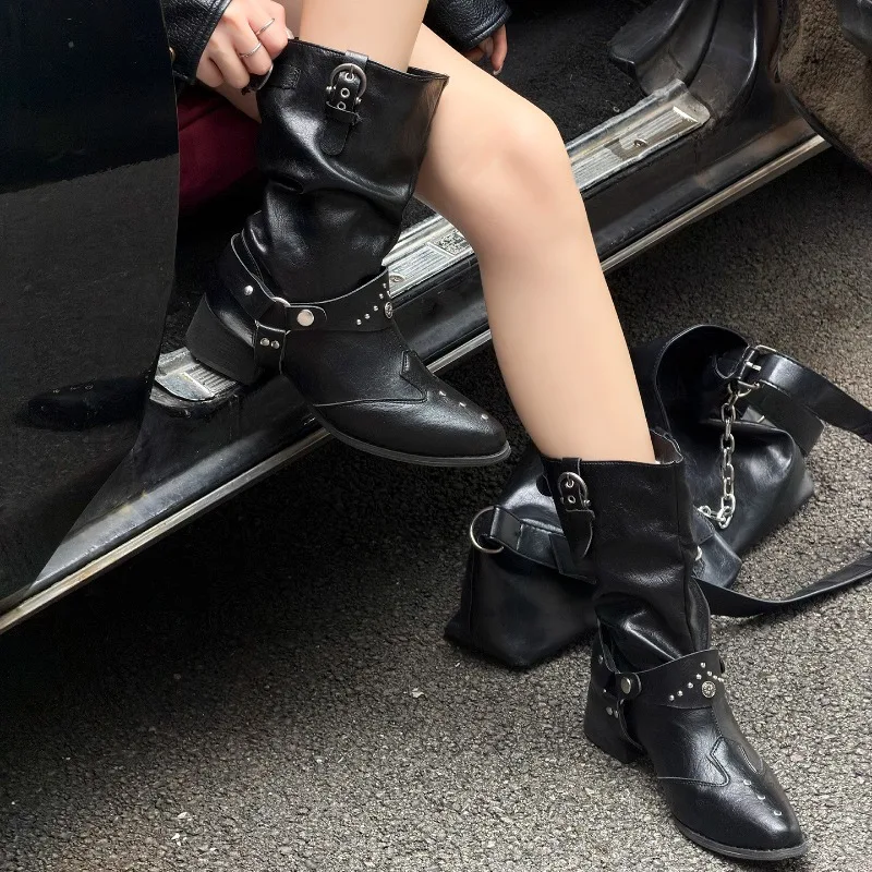2026 Autumn Rivet Buckle Women Mid Calf Boots Pu Leather Square Heel Pointed Toe Shoes Daily Casual Female Mordern Booties