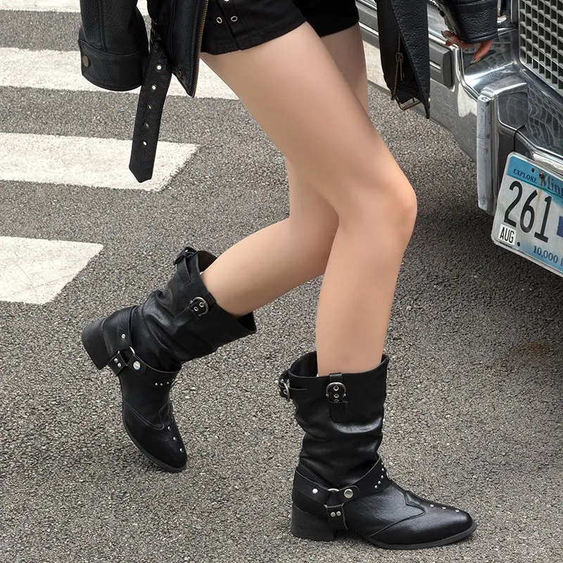 2026 Autumn Rivet Buckle Women Mid Calf Boots Pu Leather Square Heel Pointed Toe Shoes Daily Casual Female Mordern Booties
