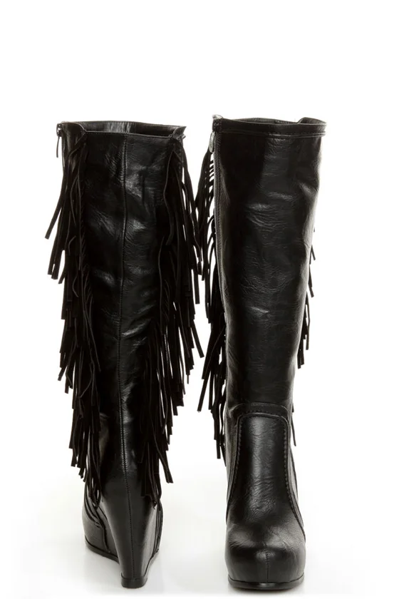 Women's Black Leather Fringe Wedge Knee High Boots Platform vintage Plus Size 46 High Heels Boot Luxury Designer sexy Shoes