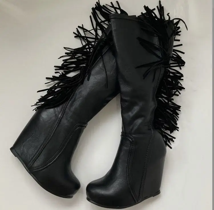 Women's Black Leather Fringe Wedge Knee High Boots Platform vintage Plus Size 46 High Heels Boot Luxury Designer sexy Shoes