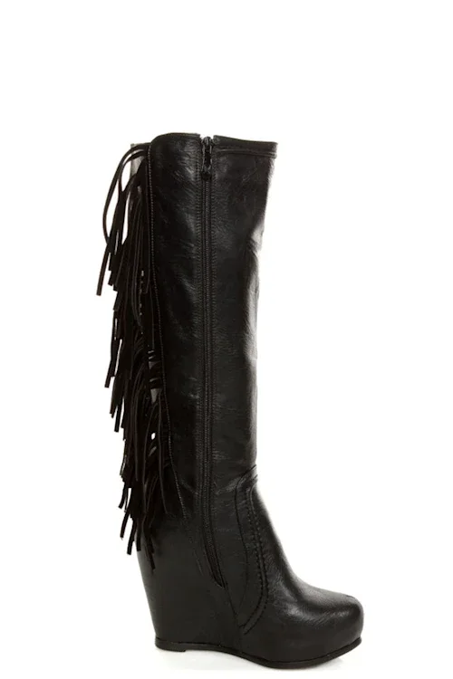 Women's Black Leather Fringe Wedge Knee High Boots Platform vintage Plus Size 46 High Heels Boot Luxury Designer sexy Shoes