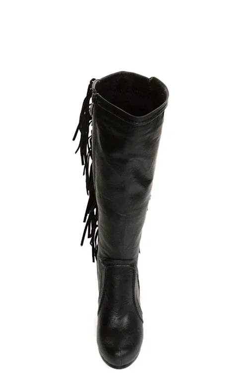Women's Black Leather Fringe Wedge Knee High Boots Platform vintage Plus Size 46 High Heels Boot Luxury Designer sexy Shoes