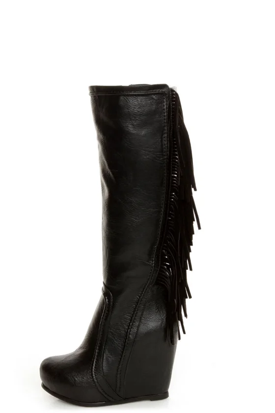 Women's Black Leather Fringe Wedge Knee High Boots Platform vintage Plus Size 46 High Heels Boot Luxury Designer sexy Shoes