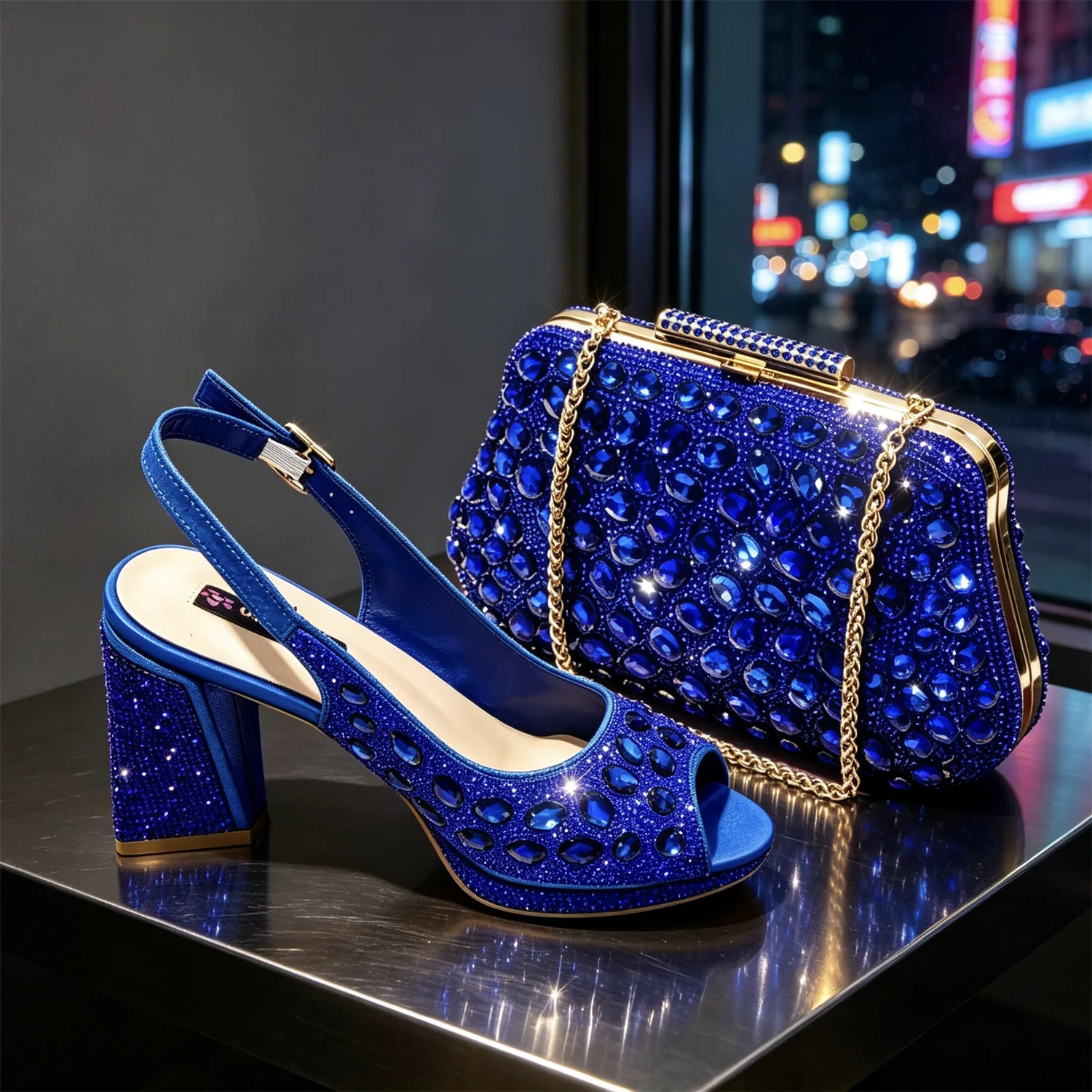 Women's Elegant Magenta Sparkly Rhinestones Chunky-Heels Slingbacks Peep Toes Sandals And Clutch Bag Set Wedding And Party Shoes