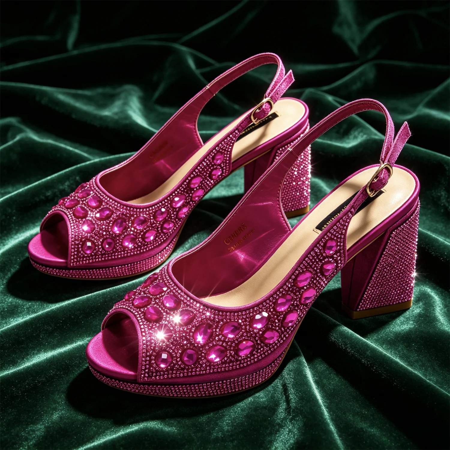Women's Elegant Magenta Sparkly Rhinestones Chunky-Heels Slingbacks Peep Toes Sandals And Clutch Bag Set Wedding And Party Shoes