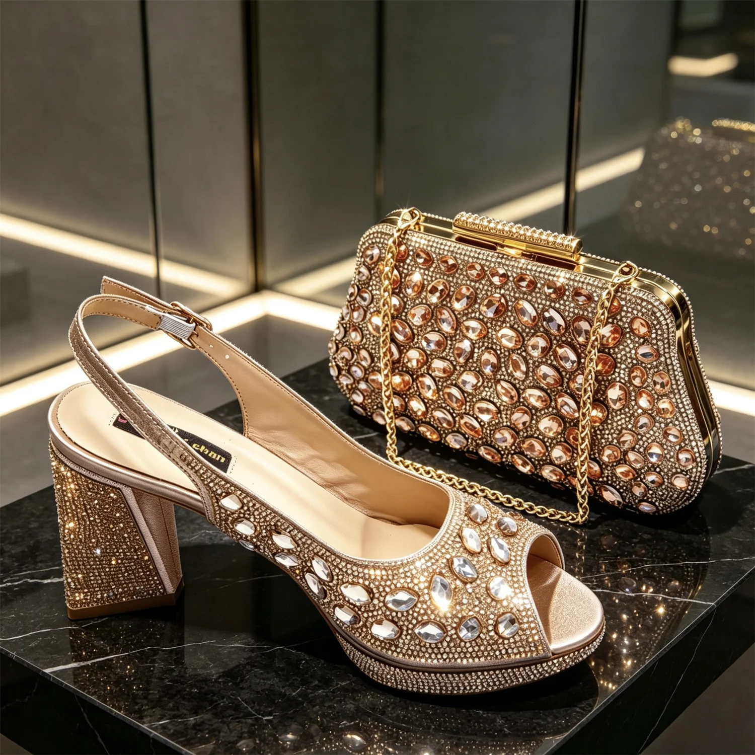 Women's Elegant Magenta Sparkly Rhinestones Chunky-Heels Slingbacks Peep Toes Sandals And Clutch Bag Set Wedding And Party Shoes