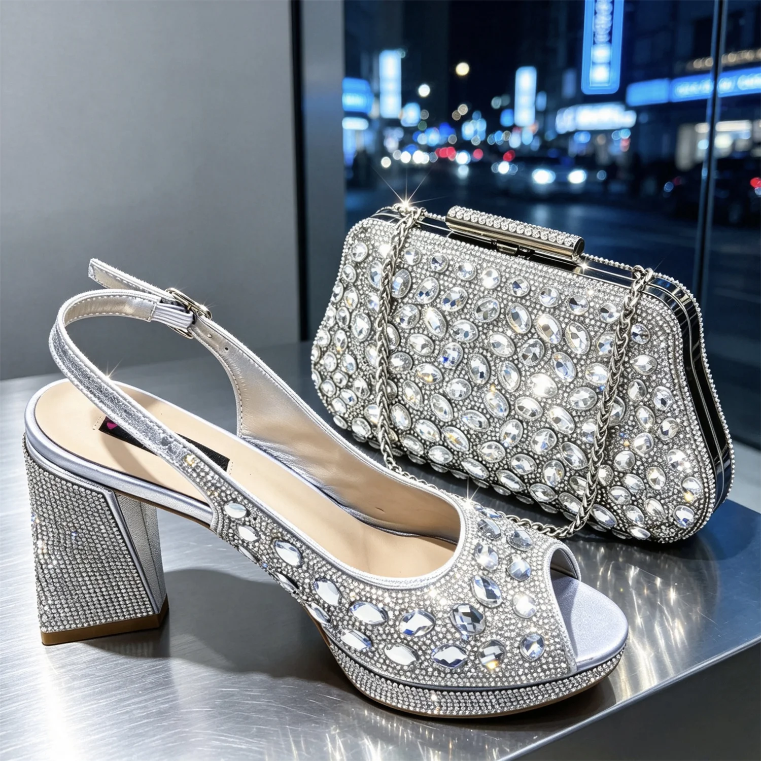Women's Elegant Magenta Sparkly Rhinestones Chunky-Heels Slingbacks Peep Toes Sandals And Clutch Bag Set Wedding And Party Shoes