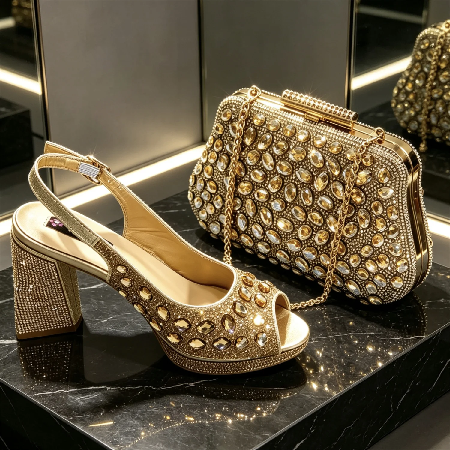 Women's Elegant Magenta Sparkly Rhinestones Chunky-Heels Slingbacks Peep Toes Sandals And Clutch Bag Set Wedding And Party Shoes