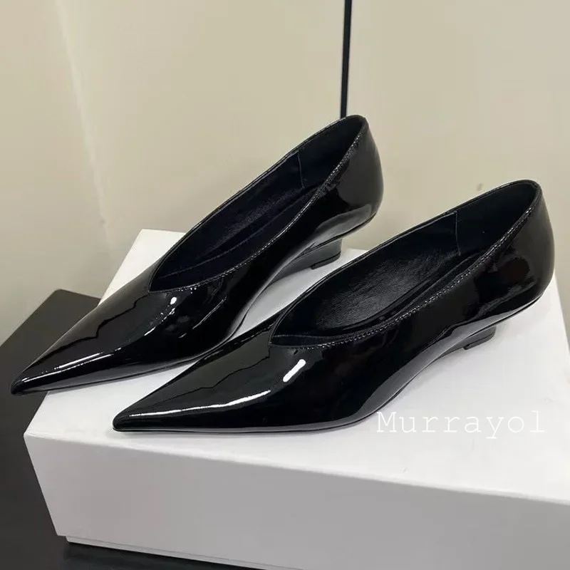 Pointed Toe Genuine Leather Wedges Single Shoes Women Shallow Mouth Solid Color Sandals Spring Summer Party Dress Shoes Pumps