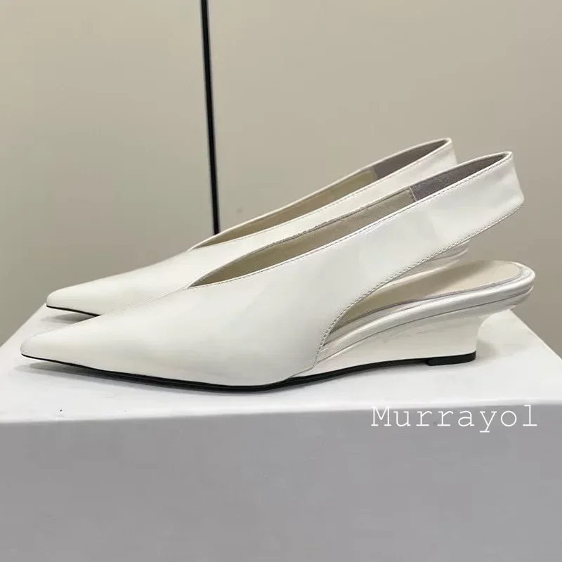 Pointed Toe Genuine Leather Wedges Single Shoes Women Shallow Mouth Solid Color Sandals Spring Summer Party Dress Shoes Pumps
