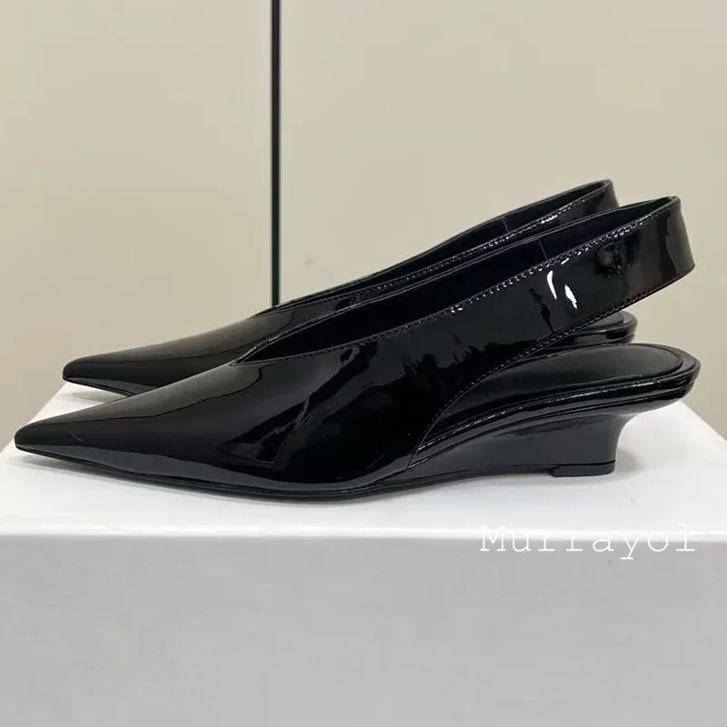 Pointed Toe Genuine Leather Wedges Single Shoes Women Shallow Mouth Solid Color Sandals Spring Summer Party Dress Shoes Pumps