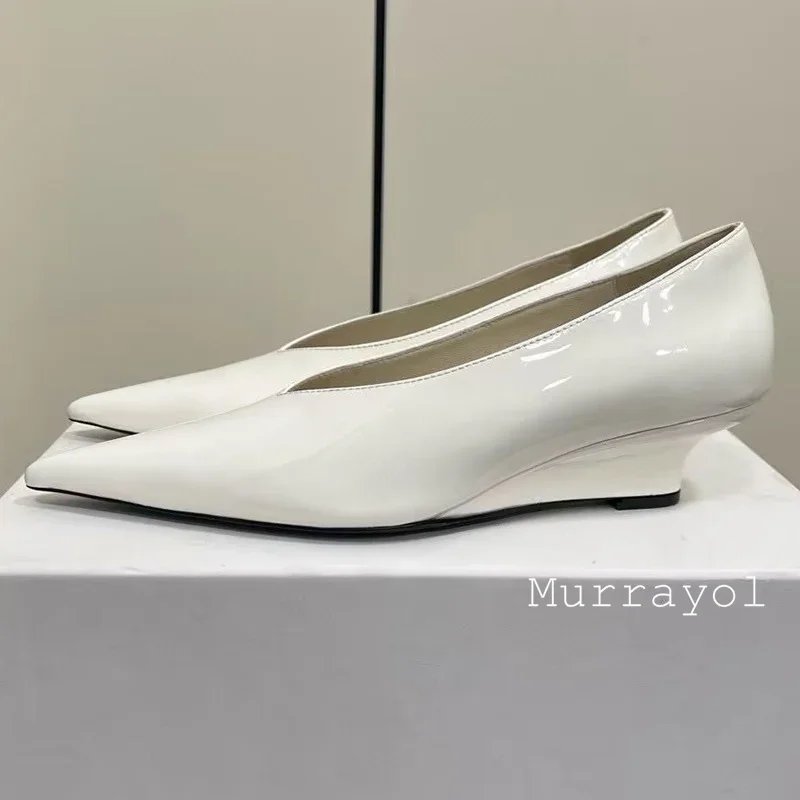 Pointed Toe Genuine Leather Wedges Single Shoes Women Shallow Mouth Solid Color Sandals Spring Summer Party Dress Shoes Pumps